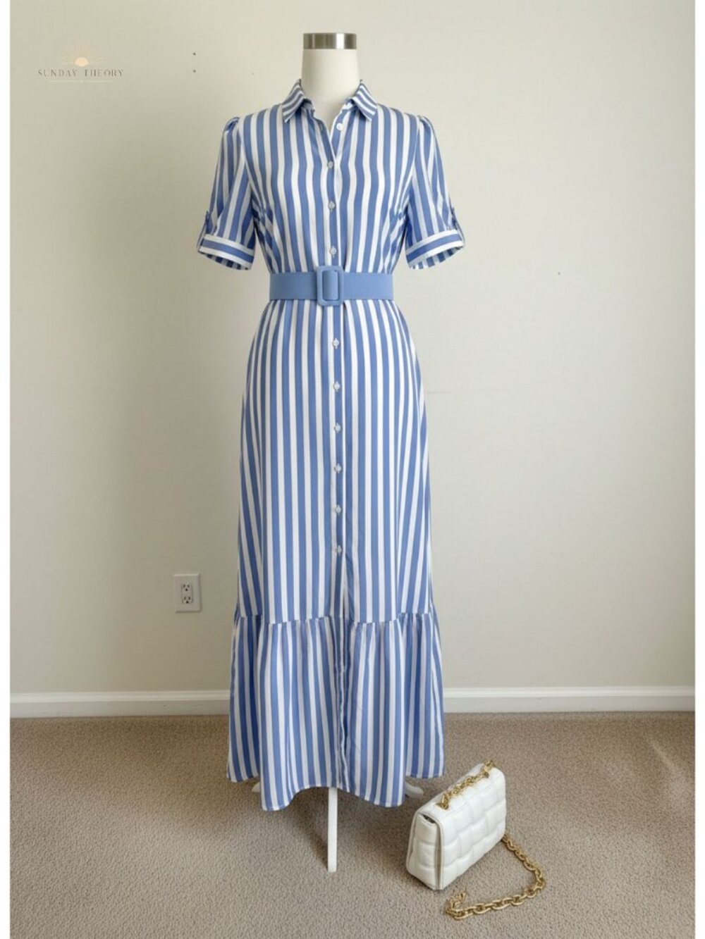Striped Button Down Maxi Shirt Dress Puff Sleeve Ruffle Hem with Belt